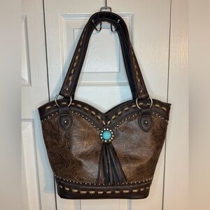Brown Embossed Women's Bag with Turquoise Accent